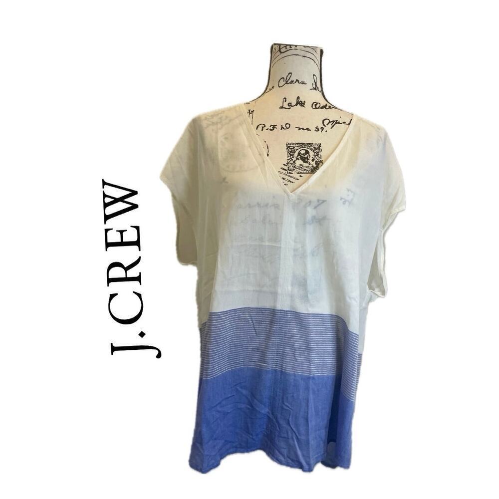 J.CREW DOLMAN TUNIC BLOUSE V NECK CREAM/BLUE SZ XL RELAXED FIT COASTAL CORE